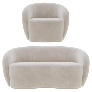 Imagem de Sofá 3 Lugares Living 180cm E 1 Poltrona Giratória Garbin Z08 Veludo Bege - Mpozenato