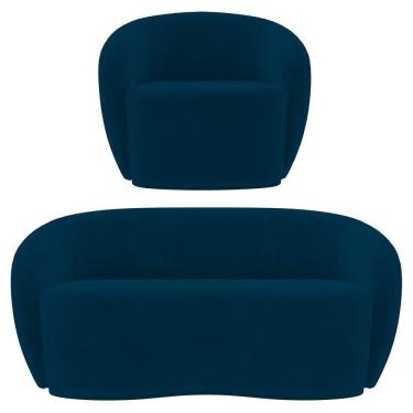 Imagem de Sofá 3 Lugares Living 180cm E 1 Poltrona Giratória Garbin Z08 Veludo Azul Marinho - Mpozenato