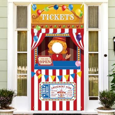 Imagem de Pano de fundo de bilheteria de carnaval de 183 x 91 cm – faixa de cabine de fotos de parque de diversões com balões, barraca listrada e placa "Estamos abertos", fundo de festa temática de cinema para