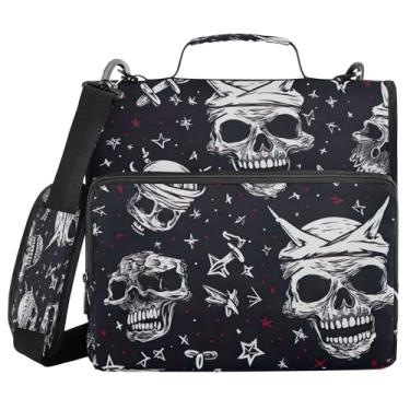 Imagem de SEHANY Fichário com zíper de caveira com alça de ombro, capacidade para 500 folhas, vários bolsos, fichário com 3 anéis com zíper de 3 cm