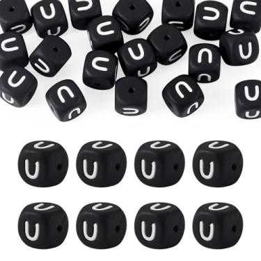 Imagem de 20 peças de contas em forma de cubo de silicone, letra U, 12 x 12 x 12 mm, alfabeto quadrado, contas espaçadoras de borracha para pulseira da amizade, chaveiros, cordões, canetas, artesanato faça você