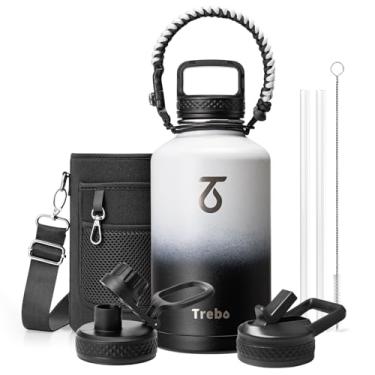 Imagem de Trebo Garrafa de água de 1,8 g com alça de paracord, jarro de água isolado de aço inoxidável de parede dupla grande de meio galão com alça de suporte e tampas de bico de palha, à prova de vazamento