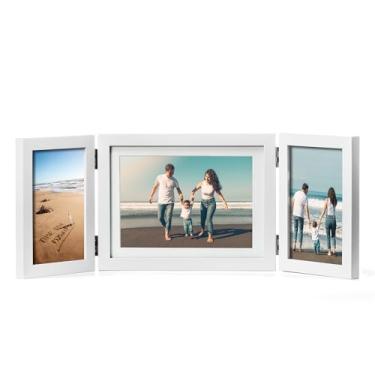 Imagem de ibalux Conjunto de 3 porta-retratos articulados, madeira de pinheiro com vidro verdadeiro, duas de 10 x 15 cm e uma 15 x 20 cm fosca para 13 x 12 cm, moldura de mesa independente ou de parede, branca