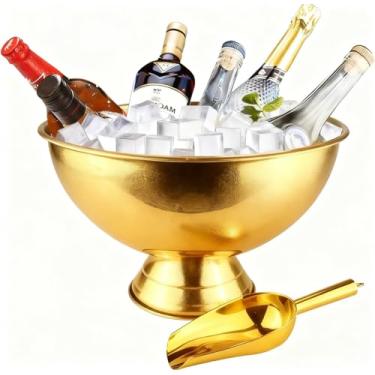 Imagem de Balde de gelo grande de aço inoxidável 13L, tigela de champanhe, balde de gelo com semicírculo de colher de gelo, banheira de bebida com base integrada para festas, bar de coquetel, (pacote com 1