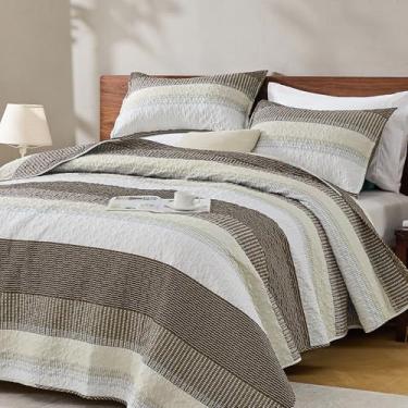 Imagem de Andency Conjunto de colcha king size, marrom mocha, 3 peças, conjunto de colchas e cobertores, conjunto de cama acolchoado listrado de patchwork para todas as estações (1 colcha, 2 fronhas)