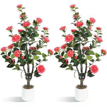 Imagem de UPBUD Camélia artificial pacote com 2 – Planta falsa realista de 101 cm com flores rosa, camélias falsas realistas para casa, sala de estar, pátio, casamento, decoração de eventos