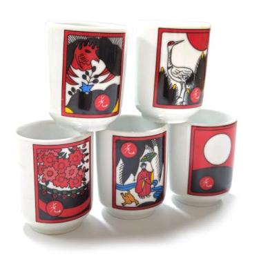 Imagem de LENITH ] Conjuntos de copos de shot Soju coreano, preto Hwatu, O-Kwang Hwatu, estampa de jogo de cartas tradicional coreano, também para uísque, tequila e licor. (Conjunto de 5 peças de vidro CoCo