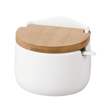 Imagem de Saleiro de Porcelana Com Tampa de Madeira e Colher 290ml