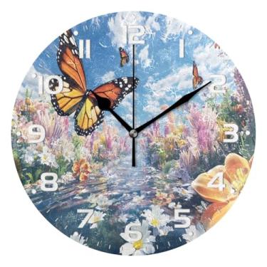 Imagem de JUZIHAI Relógio de parede de borboleta e flor, silencioso, redondo, sem tique-taque, operado por bateria, fácil de ler, relógio decorativo de parede para casa, cozinha, sala de estar, quarto