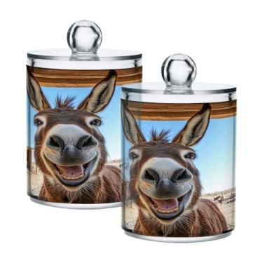 Imagem de Qilmy Qtip Suporte de boticário Happy Donkey de 400 ml, frasco de plástico transparente com tampa, dispensador de recipiente de banheiro para bola de algodão, cotonete, fio dental, pacote com 2