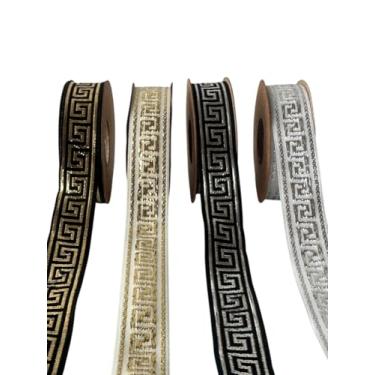 Imagem de Conjunto de 4 unidades de acabamento de fita jacquard com chave grega metálica | Borda de tecido de 0,59" (15 mm) de largura para costura, artesanato, costura | 4 cores: preto-ouro, branco-ouro