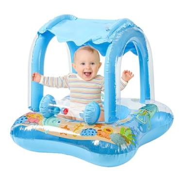 Imagem de Boia de bebê com dossel, auxílio de natação inflável para crianças – Boia de desenho animado de bebê com proteção solar para crianças, brincadeiras aquáticas, natação, praia, lago, ao ar livre