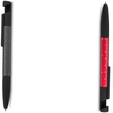 Imagem de Caneta Esferográfica Metálica Multifuncional com Touch, Escrita Azul, Chave de Fenda Phillips, Suporte para Smartphone, Limpador de Tela, Régua, (Prata e Vermelho)