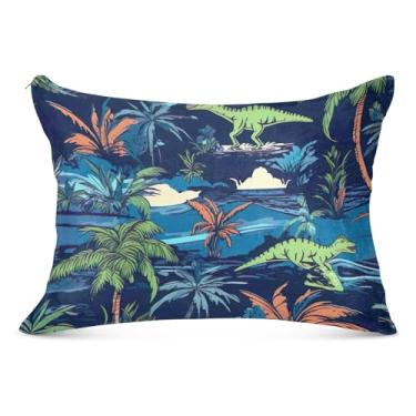 Imagem de Capas de travesseiro de flanela azul dinossauro tropical de desenho animado decorativo padrão queen king tamanho corporal pintura cama capas de travesseiro longo, tamanho king, 50,8 cm x 101,6 cm