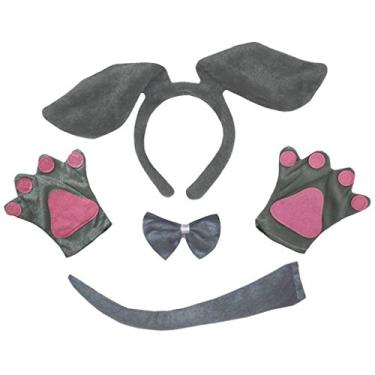 Imagem de Petitebella Luvas longas para cabeça de cachorro com laço e cauda 4 peças fantasia 1-10 anos (cinza, 1-4 anos)