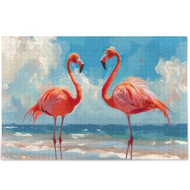 Imagem de Flamingos Quebra-cabeças de praia ensolarada para adultos 1000 peças natureza elefantes brancos presentes quebra-cabeça diversão família quebra-cabeças impressão animal arte decoração, 75 cm x 50 cm