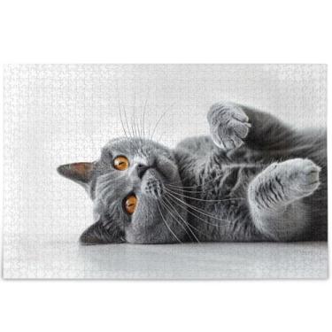 Imagem de Quebra-cabeça de gato cinza deitado 1000 peças adultos amantes elefantes brancos presentes família diversão quebra-cabeças brinquedo família arte, 75 cm x 50 cm