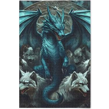 Imagem de Quebra-cabeça com estampa de dragão azul lobo personalizado 1000 peças para adultos elefante branco cena de outono pintura de brinquedo, 75 x 50 cm