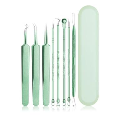 Imagem de 8 peças de extrator de comedão removedor de cravos para remover espinhas no rosto, kit de pinças curvadas de cravos com capa de plástico, kit profissional de ferramentas de remoção de acne e acne de