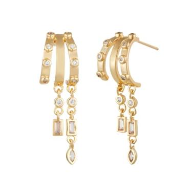 Imagem de Medsor Brincos com pingente de ouro para mulheres, banhado a ouro 14k, lua e estrela, brincos de argola tripla para mulheres, joias delicadas e modernas, 3inch, Metal, Sem pedra preciosa