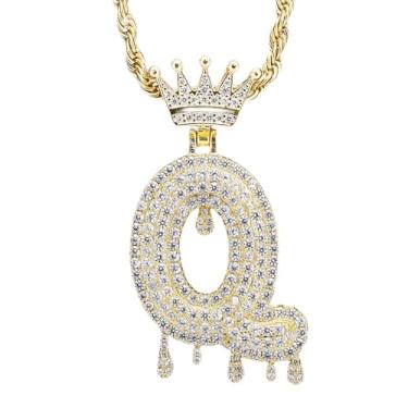 Imagem de Colar com inicial para homens e mulheres, pingente de letra da coroa banhado a ouro 18 K com corrente de 60 cm, colar com monograma de zircônia cúbica com monograma maiúsculo, joia de presente, Latão, Zircônia cúbica