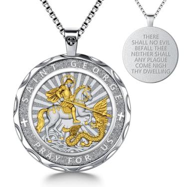 Imagem de Colar de São Jorge para homens e mulheres - Pingente de medalha de dragão matador de São Jorge banhado a cobre, amuleto de proteção cristã de ouro real banhado a cobre com versículo da Bíblia "There