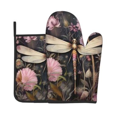 Imagem de Conjunto de 2 peças de luvas de forno com estampa de libélula com flores rosas adequado para cozinhar, assar e grelhar ao ar livre