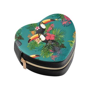 Imagem de Burbuja Caixa de joias tucanos em forma de coração de hibisco mini estojo de joias de viagem para mulheres e meninas, estojo portátil organizador de armazenamento para brincos, anéis, colares e