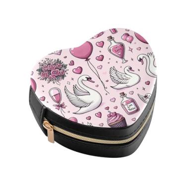Imagem de Burbuja Caixa de joias em forma de coração de bolo de cisne mini estojo de joias de viagem para mulheres e meninas, estojo portátil organizador de armazenamento para brincos, anéis, colares e
