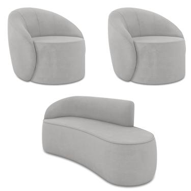 Imagem de Sofá 3 Lugares Orgânico 180cm Morgan e 2 Poltronas Lua Suede Cinza D03 - D'Rossi