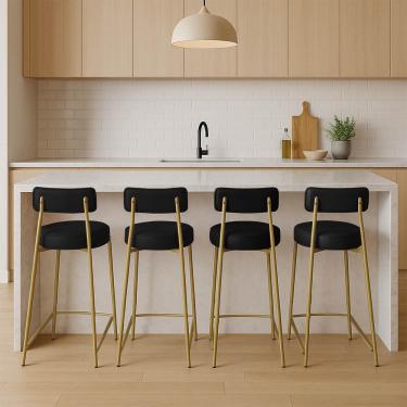 Imagem de Banqueta Cozinha Alta com Encosto Industrial Dourado Kit 4 Londres PU Preto D03 - D'Rossi