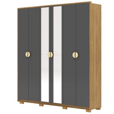 Imagem de Guarda Roupa Casal Bolonha 6 Portas de Bater 4 Gavetas 100% MDF com Espelho Nature-alasca Vila Rica