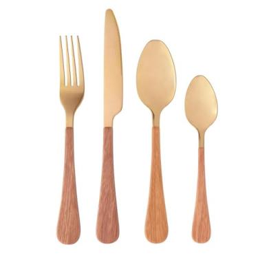 Imagem de WOLFF - Faqueiro de Aço Inox Cabo em Plástico Amadeirado Milão Dourado 24 Peças - Jogos de Talheres - Mesa Posta - Utensílios de Cozinha, Enxoval, Casamento, Decoração