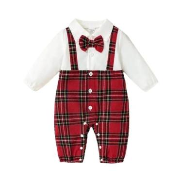 Imagem de Macacão De Bebê Menino Xadrez Vermelho Estilo Cavalheiro Moda Outono C