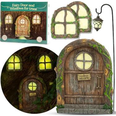 Imagem de Porta de fadas e janelas para árvores – Decoração de escultura artística que brilha no escuro para quarto de crianças, parede e árvores ao ar livre | Acessórios de decoração de jardim