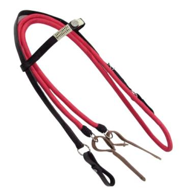 Imagem de Cabeçada e Rédea Para Cavalo Preta Trançada Aplique Zamac Circular Rédea Vermelha