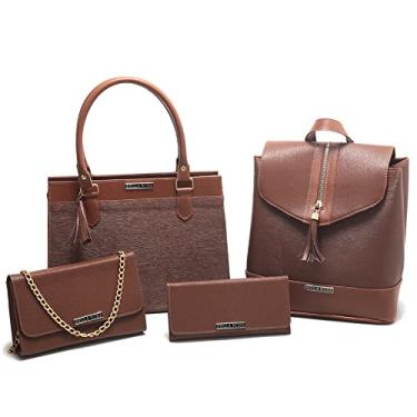 Imagem de Bolsa Feminina de ombro Tote Pasta + Bolsa Festa Tiracolo Corrente Clutch + Mochila Feminina + Carteira Bella Rosa (Caramelo)