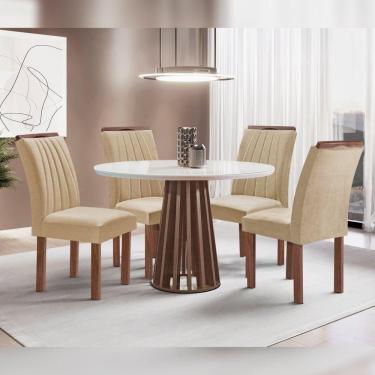 Imagem de Conjunto Mesa Tampo Redondo Plus Vidro Kansas 100cm 4 Cadeiras Arizona Chocolate/Off White/Suede Cru