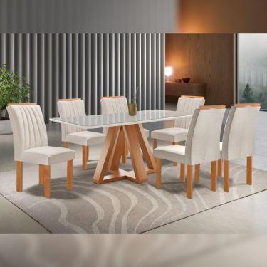 Imagem de Conjunto Mesa Tampo Smart Plus Vidro Kyra 170cmx90cm 6 cadeiras Arizona Cinamomo/Off White/Suede Bege