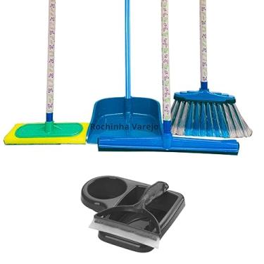 Imagem de Kit com Vassoura Multiuso, Rodo Duplo de 40Cm, Pá de Lixo, Lava Azulejo Esfregão todos os itens com Cabo e Porta Detergente e sabão com Rodinho para Pia Cozinha
