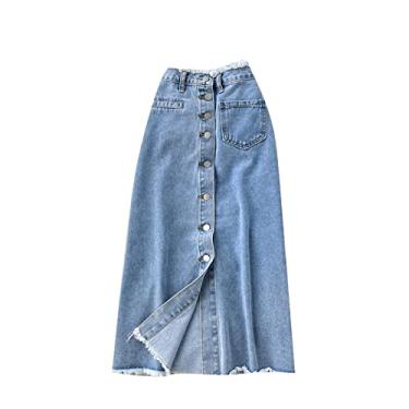 Imagem de Saia jeans feminina nova da moda vintage cintura alta trespassado meio longo saia jeans 2022 selvagem saia evasê, azul, M