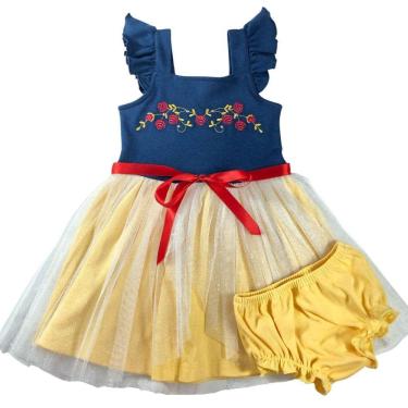 Imagem de Vestido infantil fantasia azul e amarelo branca de neve com tule e cobre fraldas amarelo
