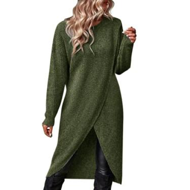 Imagem de Vestido feminino outono inverno cor sólida gola redonda manga longa tricotada fundo quente vestido suéter, Ag, M