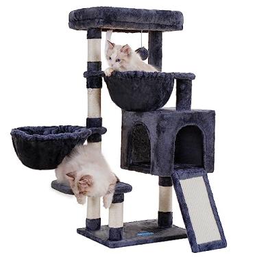 Imagem de Árvore para gatos Hey-brother MPJ006SG, torre para gatos domésticos, casa com cama grande acolchoada, condomínio aconchegante, com redes e postes de sisal para arranhar, arranhador grande, cinza-fumo