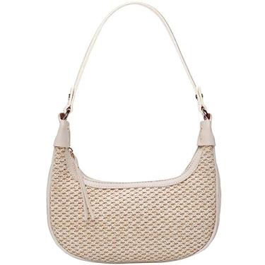 Imagem de RTGGSEL Boho Summer Retro Bolsa Feminina de Palha Rattan Praia Bolsa de Ombro Bolsa Hobo Underarm Bolsa de Palha, Branco, Medium (9.7 x 2.17 x 9.44 inches, 3.27L)