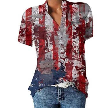 Imagem de Camisetas femininas com botões Henley Graphic Workout Top Oversized manga curta linda blusa havaiana boho camisa túnica festa, Cinza, GG