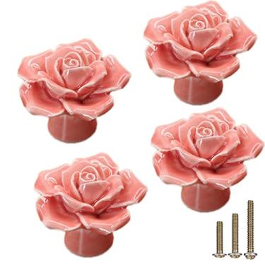 Imagem de ESreake Pacote com 4 puxadores de cerâmica rosa, puxadores vintage de cerâmica rosa flor de rosa puxadores de armário de cozinha penteadeira alças com 3 parafusos de tamanho para quarto de menina armário armário guarda-roupa (4, rosa)