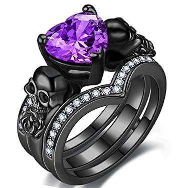 Imagem de GTISKL Conjunto de anéis pretos de crânio gótico feminino rosa flor vermelha roxa coração amor zircão cristal Natal aniversário noivado dia das mães presente coquetel festa motociclista joias, Preto, dourado, Zircônia cúbica