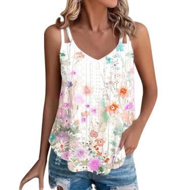 Imagem de Camiseta regata feminina com ilhós de verão 2024 estampa floral casual alças finas sem mangas gola V, Branco, XXG