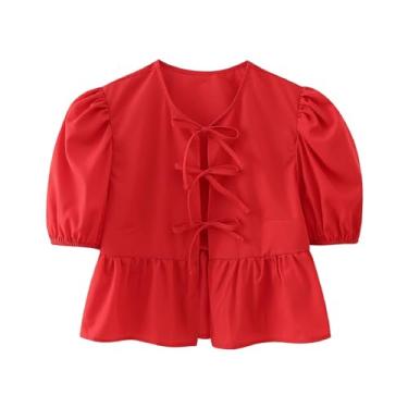 Imagem de Blusa feminina Y2K Peplum manga bufante gravata frontal blusa fofa Babydoll crop top verão, Camiseta Peplum cor sólida H-red, P